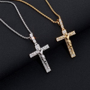 <b>Mens</b> Lab--Grown Diamond 925 Silver <b>Crucifix</b> Cross Pendant <b>Necklace</b> Religious Statement Chain - Product Image 2