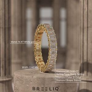 Anillo de Eternidad de Oro Blanco de 14 Quilates con Diamante de Corte Esmeralda de 3.00 Quilates, Color D, Engaste de Garras de 2.40 mm, Anillo de Boda para Mujer, Breeliq Luxury - Product Image 1