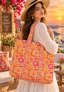 Botanical Print Eco-friendly Cotton Tote <b>Bag</b> | Orange for Quilted Floral Design | Handmade Fashion Shoulder Tote for Women - Product Image 2