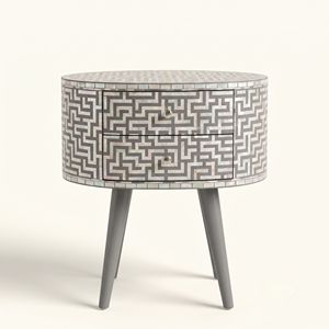 Table de chevet ronde de luxe en nacre grise avec 2 tiroirs, incrustation géométrique, table de chevet artisanale - Product Image 1