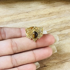 Antique Vintage Style Brass <b>Ring</b> Tiger Eye Chunky Gold Plated <b>Statement</b> <b>Ring</b> Tribal Ethnic Design Handmade Textured Wholesale - Product Image 6