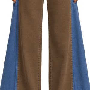 Brown And Blue Women Wide Leg Jeans High Waist Two Tone Denim Pants Casual Streetwear Fashion <b>Trousers</b> Trendy Loose Fit Apparel - Product Image 3