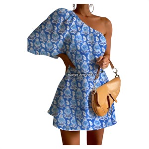 Robe d'été décontractée sexy à imprimé coloré et manches bouffantes asymétriques pour femme, imprimé artisanal, très tendance, style décontracté asymétrique - Product Image 3