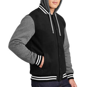 Veste de sport premium pour homme |   Manches contrastées en gris chiné noir uni |   Blouson bomber en toile imperméable et polaire, vêtement streetwear - Product Image 6