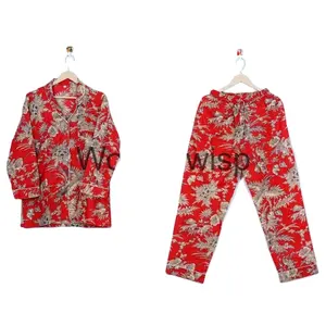 Pijama de algodão estampado em bloco inspirado na natureza: Sonho em verde Conjuntos de pijama com estampa de bloco de mão real: Dormir como Royalty com conforto