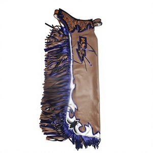 Premium Brown Hand-Tooled Leather Rodeo Chaps Featuring Long Purple and Brown <b>Fringe</b> with Multi-Color Applique Trim - Product Image 1