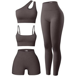 Ensemble de sport côtelé sans couture pour femme : brassière asymétrique, crop top et leggings taille haute – Tenue de sport OEM - Product Image 4