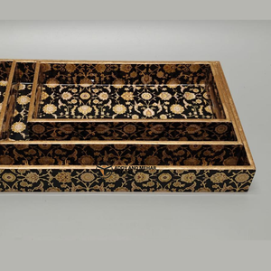 ชุดถาดเสิร์ฟเคลือบสีดำลายเรขาคณิต ปลอดภัยสำหรับอาหาร 3 ชิ้น – ถาดซ้อนกันได้ทันสมัยหรูหรา ทำจาก MDF และกระดาษ สำหรับห้องครัว ห้องรับประทานอาหาร และตกแต่งบ้าน - Product Image 3