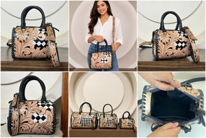 2026 Latest Pattern Hand <b>Tooled</b> Checkered Cowhide Leather <b>Small</b> Speedy Bag for Women's With Floral Carved Design Shoulder Bag - Product Image 3