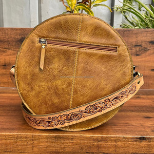 New 2025 Hand Tooled Suede Leather Large Round Bag for Women's Wholesale <b>Boot</b> Stitch Genuine Cow Leather Crossbody Shoulder Bags - Product Image 5