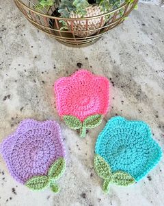Pretty Pastel Tulip Bloom Crochet <b>Table</b> <b>Coasters</b> with Leaves - Soft Cotton Green Stems Heat Insulation Mats Chic Living Accent - Product Image 5