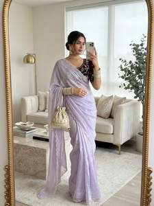 Sari de satén Fandy con diseño Dana Moti cortado a mano y trabajo Dana Khatli, completamente cosido, con conjunto de blusa a juego. - Product Image 3