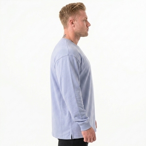 เสื้อฮู้ดผู้ชายขายดี สีฟ้าอ่อน คอกลม ผ้าถักเนื้อคอตตอน สีพื้น สวมใส่สบาย ทรงโอเวอร์ไซส์ - Product Image 5