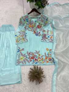 Designer Sequence Embroidery Work Crepe Silk Fully Stitched <b>Top</b> With Farshi Salwar Bottom And Dupatta Ready Made Set - Product Image 6