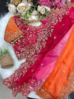 Sari en satin Fendy Rich Look avec broderie riche, bordure à sequins de 3 mm et chemisier cousu, réversible et protection solaire