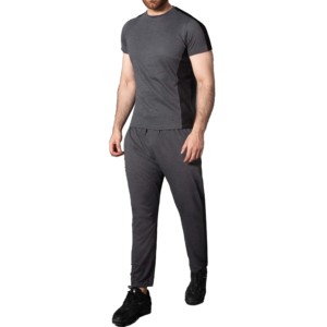 Men's Gray Short Sleeve Stand <b>Collar</b> <b>T</b>-<b>Shirt</b> Full Length Pants Solid Color Casual Streetwear Lightweight Eco-Friendly Tracksuit - Product Image 1