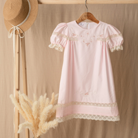 Robe classique vintage pour bébé fille de haute qualité, broderie machine, rose, manches courtes, robe Malie pour occasion spéciale