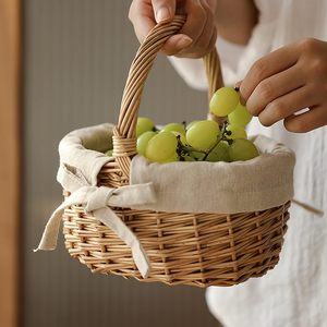 Rustic Rattan Picnic <b>Basket</b> with Linen Liner Handwoven <b>Wicker</b> Easter <b>Basket</b> with Handle Farmhouse Storage <b>Basket</b> Boho <b>Gift</b> - Product Image 4