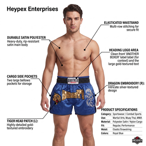 ANOTHER BOXER Pantalones Cortos de Muay Thai de Satén Azul Marino para Entrenamiento de Artes Marciales - Product Image 5