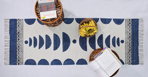 Blue White Rectangle <b>Runner</b> <b>Rug</b> Geometric Design Hand Woven Cotton Eco-Friendly Pet Friendly Customizable Size Boho 3x10 - Product Image 3