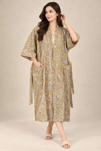 Camisón Largo Floral Ecológico Tipo Kimono para Mujer |   Bata de algodón con estampado a mano |   Cuello en V, manga larga, cierre con cordón - Product Image 1