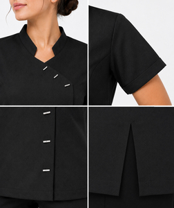 เสื้อคลุมช่างเสริมสวย OEM สำหรับผู้หญิง ชุดยูนิฟอร์มร้านเสริมสวย แขนสั้น ชุดทำงานสปา นวดบำบัด ช่างทำผม พร้อมปักโลโก้ตามสั่ง - Product Image 4