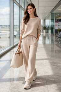 Conjunto Deportivo de Punto Beige para Mujer, Sudadera de Cuello Redondo, Pantalones Anchos con Cordón, Atuendo Informal - Product Image 5