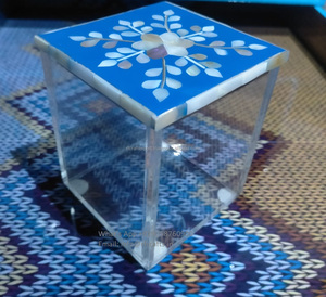 Contenedor de madera acrílico y fregona de diseño moderno, caja de dulces para postres en diferentes tamaños con tapa de nácar azul - Product Image 1