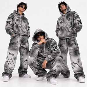 Ensemble survêtement gris à capuche pour homme, coupe ample, style streetwear, sweat-shirt et pantalon avec poches latérales, idéal pour l'automne - Product Image 1