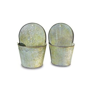 Factory Supply Galvanized Metal Wall Planters Set of 2 Ribbed Hanging Bucket Flower <b>Pots</b> for Farmhouse Home and Garden Decor - Product Image 1