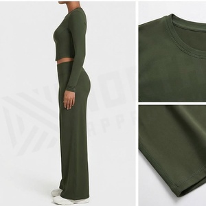 Ensemble de yoga 2 pièces North Approach vert olive, haut court à manches longues et pantalon long taille haute, sans couture, respirant, pour femme - Product Image 4