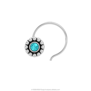 Pendiente de Nariz con Turquesa en Forma Redonda de Plata de Ley 925, Estilo Indio, para Mujeres y Niñas - Product Image 1