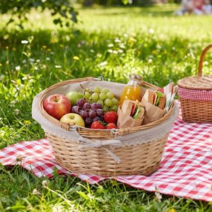 Panier de pique-nique en osier avec doublure en tissu amovible, panier de rangement ovale en saule avec poignées, panier à fruits et à pain de style campagnard - Product Image 5