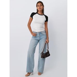 À la mode 2025 reine femmes mignon mince tenues été haut court avec col rond côtelé à manches courtes mignon été manches raglan haut court - Product Image 4