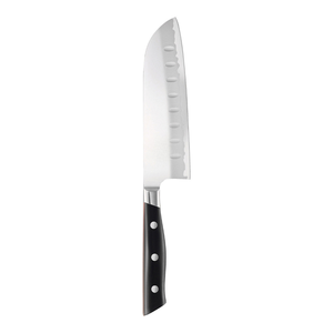 Couteaux de cuisine Santoku à lame argentée avec manche riveté noir et rainures ovales sur la lame pour hacher les légumes, trancher et préparer les aliments - Product Image 1