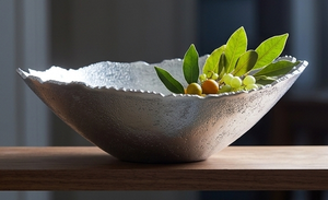 Antique Design Metal Centerpiece Oval Shape <b>Bowl</b> With Sculpted Edges Decorative Antique Modern <b>Silver</b> Color Finished <b>Bowl</b> - Product Image 2
