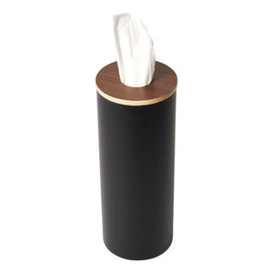Boîte à mouchoirs ronde moderne en acier noir avec couvercle en bois naturel, distributeur de mouchoirs en métal pour la décoration de la maison ou du bureau, étui à serviettes - Product Image 1