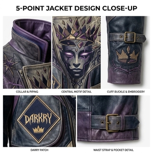 Purple Vintage Distressed Leather Long Coat <b>Mens</b> <b>Gothic</b> Crown Demon Face Embroidered Flap Pocket Outerwear - Product Image 6