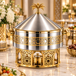 Plat à chafing rond de luxe en acier inoxydable de style arabe avec couvercle conique, motif palmier et support doré décoratif - Product Image 3