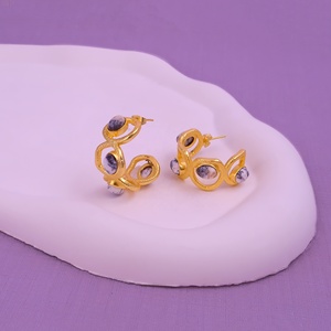 Handmade Gold Plated Brass Natural Dendrite <b>Opal</b> Gemstone Hoops <b>Earrings</b> Elegant Trendy Artisan Jewelry for Women - Product Image 5