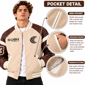 Chaqueta Varsity para hombre en beige y marrón con bloques de color, mangas de cuero PU, botones a presión y mangas en contraste. - Product Image 5