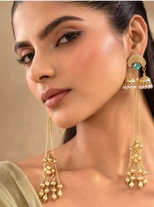 Pendientes Kashmiris de Aleación de Zinc con Baño de Oro Geométrico Pachi Kundan para Mujer, Lujosos, Tradicionales Indios, para Fiesta, con Borlas Largas y Cristales - Product Image 3
