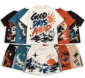 Conjunto de Camiseta Gráfica Casual Oversize y Pantalones Cortos para Hombre, Atuendo de Verano de Dos Piezas Estilo Urbano con Estampado Vintage y Hombros Caídos, Talla XL - Product Image 1
