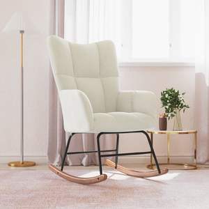 Fauteuil à bascule en velours blanc crème pour salon, en bois de caoutchouc massif avec structure en acier - Product Image 1