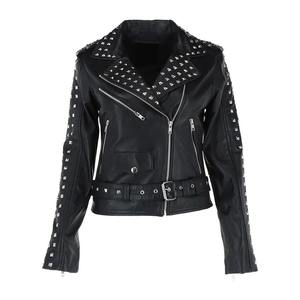 Veste en cuir PU noir pour homme avec décoration rivets, fermeture éclair, coupe ajustée, col rabattable, style automne - Product Image 1