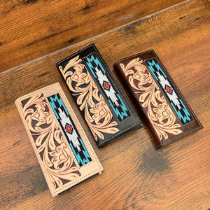 Logotipo personalizado de la marca de cuero Tooled Beaded Floral Design RFID Blocking Wallets Cuero genuino Tarjetero Carteras para hombres - Product Image 4