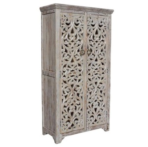 Luxury Handcrafted Solid Wood 2 Door <b>Wardrobe</b> Ornate Filigree Scroll Carving Distressed White Armoire - Product Image 1