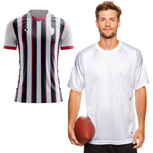 เสื้อฟุตบอล OEM แบบซับลิเมชั่น 100% โพลีเอสเตอร์ เสื้อฟุตบอลลายทางสำหรับผู้ชาย เสื้อฟุตบอลชาย - Product Image 1