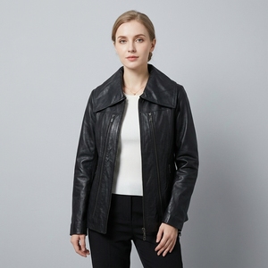 Veste d'hiver pour femme en cuir véritable noir, écologique, avec doublure en fausse fourrure, vente chaude |   Broderie personnalisée, design de mode - Product Image 1