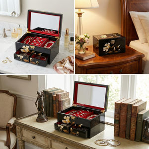 Black Lacquer Jewelry <b>Box</b>, Floral & Butterfly Jewelry Organizer with Mirror, Wooden <b>Keepsake</b> <b>Box</b> Gift for Business - Product Image 3